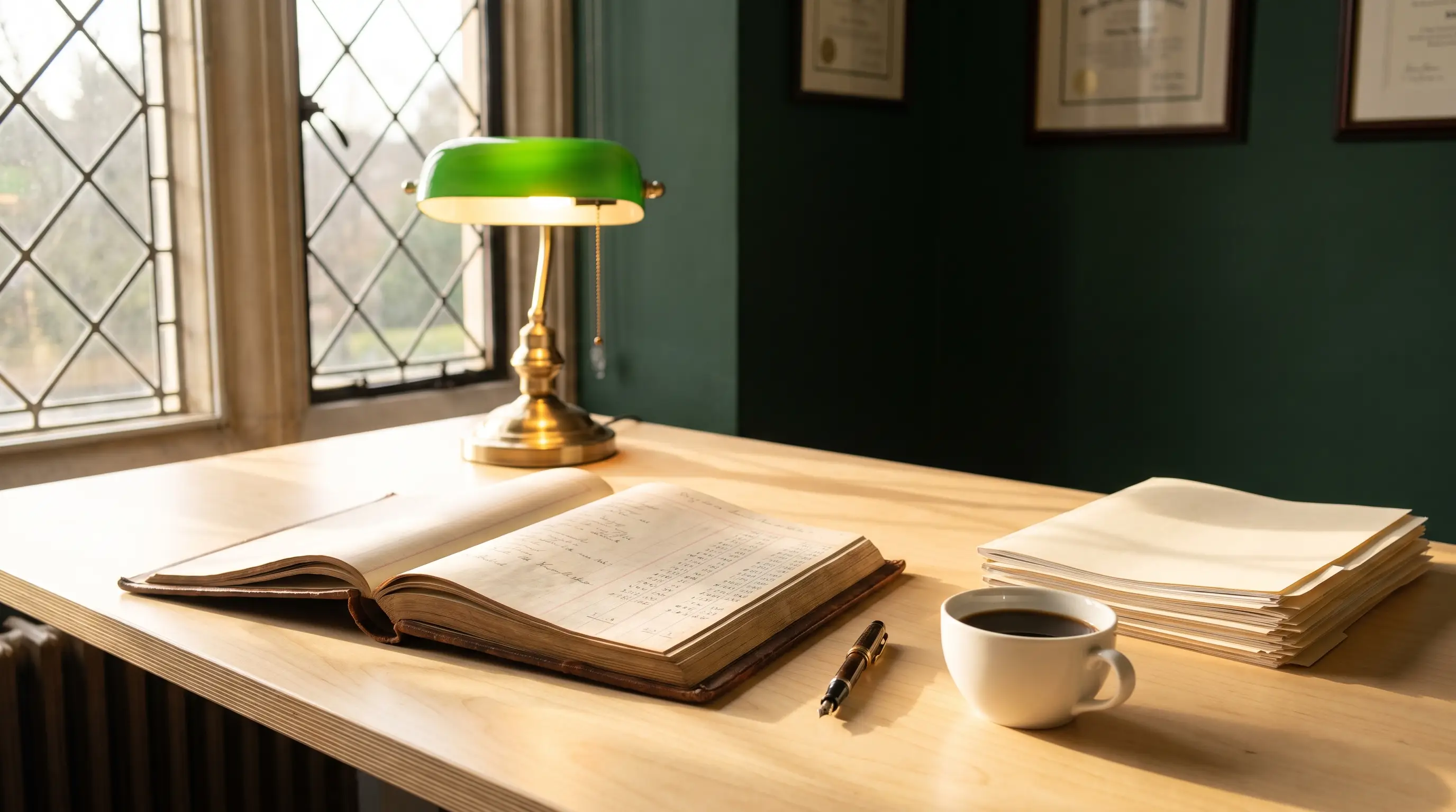 An open ledger, brass banker's lamp, and morning coffee on a birch desk